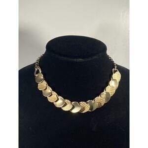 Vintage Brass Tone Heart Leaves Choker Necklace Textured Fall Leaf Linked